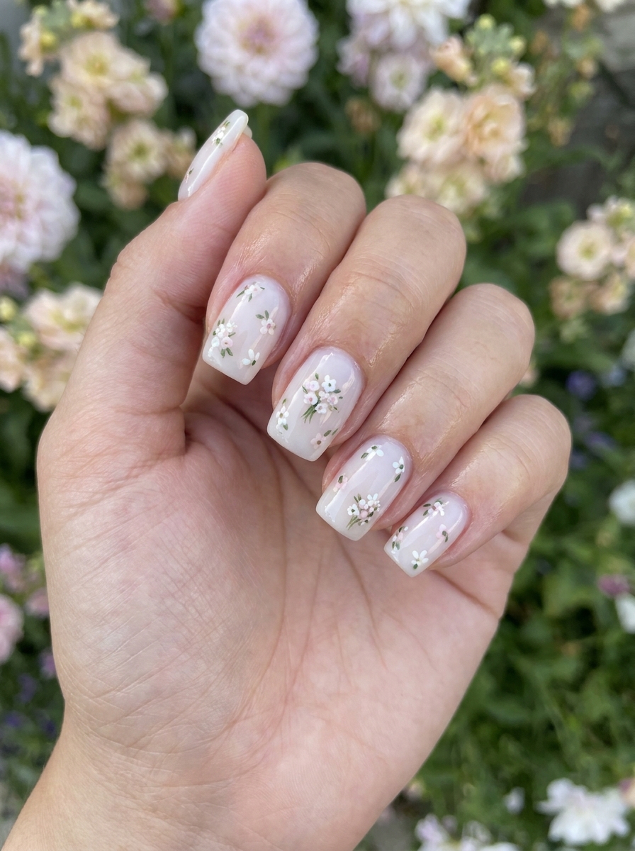 Square Nails with Tiny Flowers
